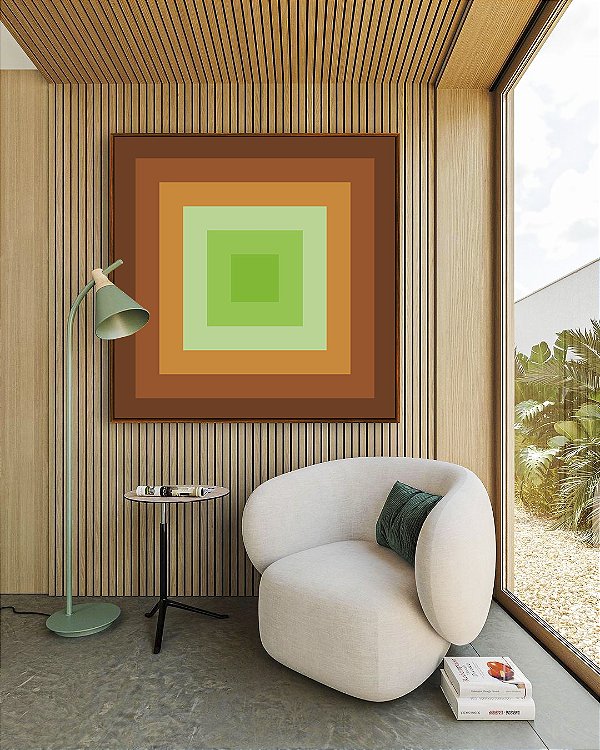 Quadro Quadrado Abstrato Verde Marrom Bronze Listras Geométrico Canvas Moldura