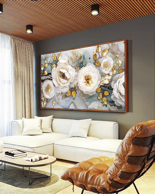 Quadro Horizontal Flores Brancas Dourado Turquesa Delicadas Canvas Moldura