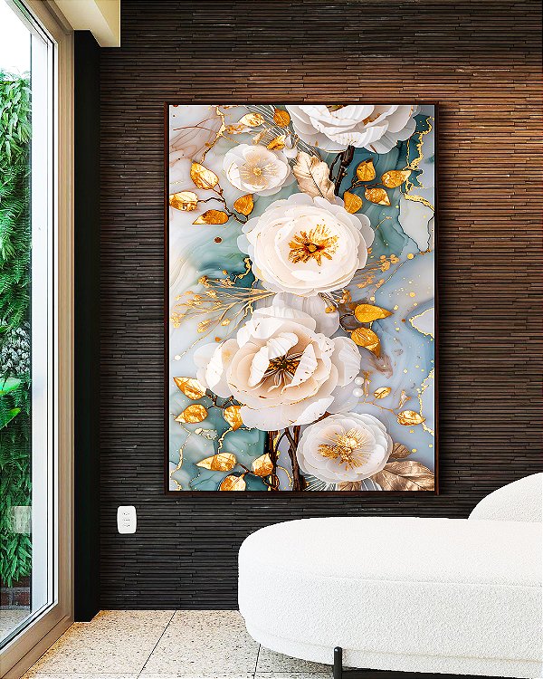 Quadro Vertical Flores Brancas Dourado Turquesa Delicadas Canvas Moldura