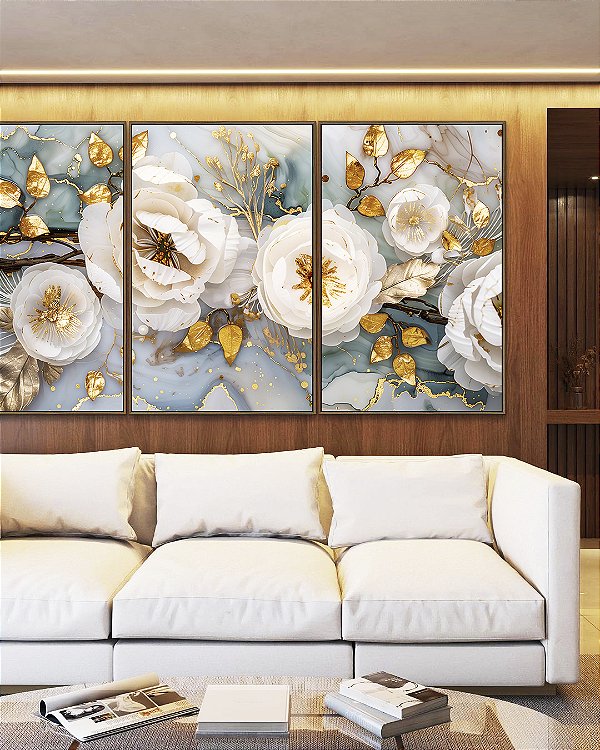 Trio de Quadros Flores Brancas Dourado Turquesa Delicadas Canvas Moldura