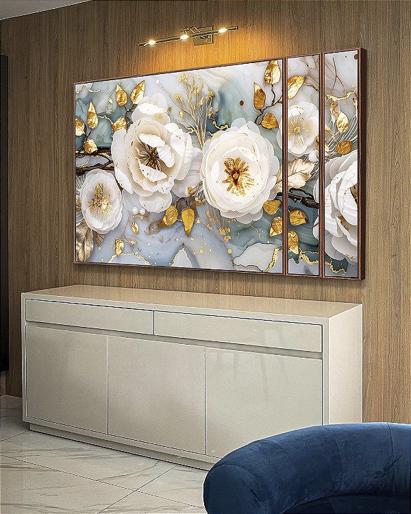 Trio de Quadros Estilizados Flores Brancas Dourado Turquesa Canvas Moldura
