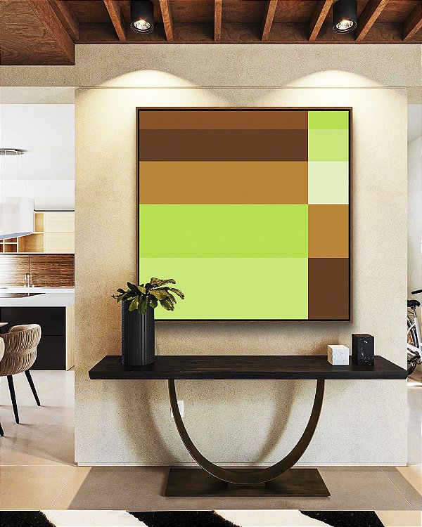 Quadro Quadrado Verde Bronze Marrom Abstrato Geométrico Canvas Moldura