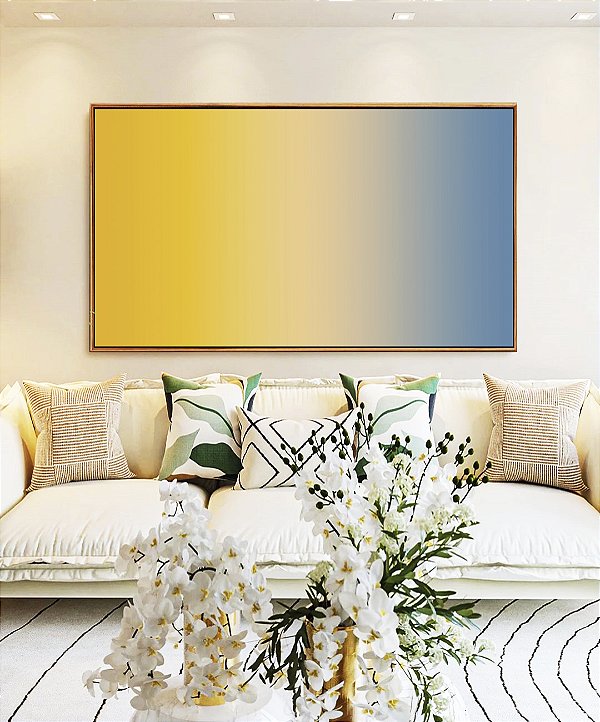 Quadro Horizontal Abstrato Degradê Amarelo Dourado Creme Azul Canvas Moldura