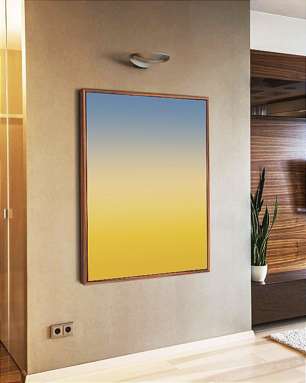 Quadro Vertical Abstrato Degradê Amarelo Dourado Creme Azul Canvas Moldura