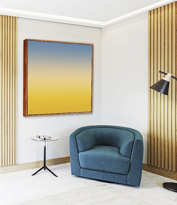 Quadro Quadrado Abstrato Degradê Amarelo Dourado Creme Azul Canvas Moldura