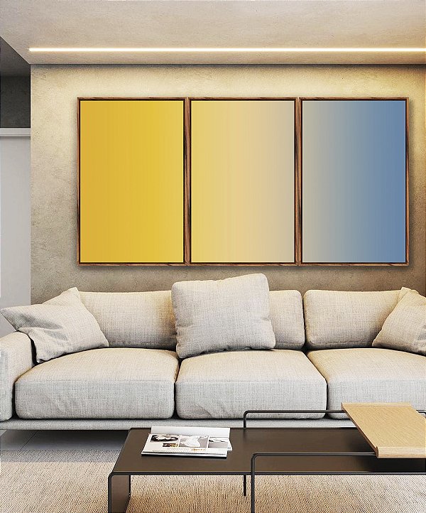 Trio de Quadros Abstrato Degradê Amarelo Dourado Creme Azul Canvas Moldura