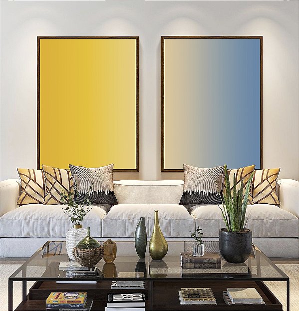Duo de Quadros Abstrato Degradê Amarelo Dourado Creme Azul Canvas Moldura