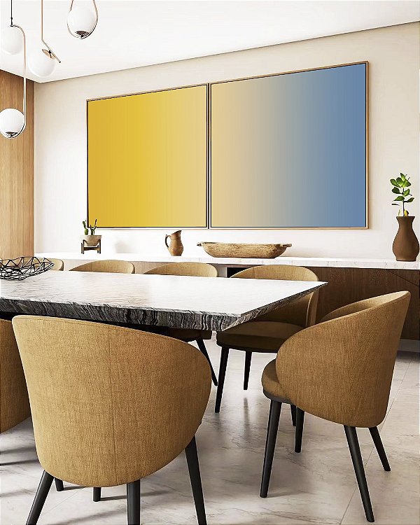 Duo de Quadros Quadrados Abstrato Degradê Amarelo Dourado Creme Azul Canvas Moldura