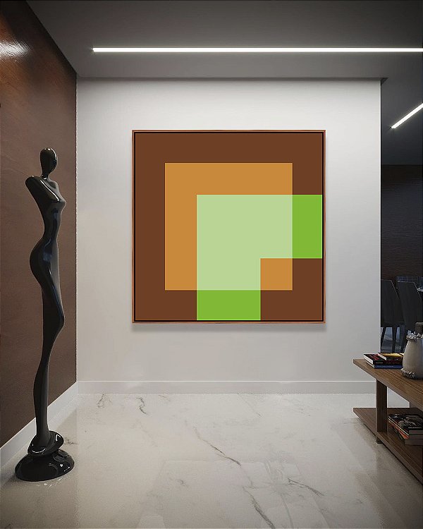 Quadro Quadrado Abstrato Geométrico Verde Marrom Bronze Canvas Moldura