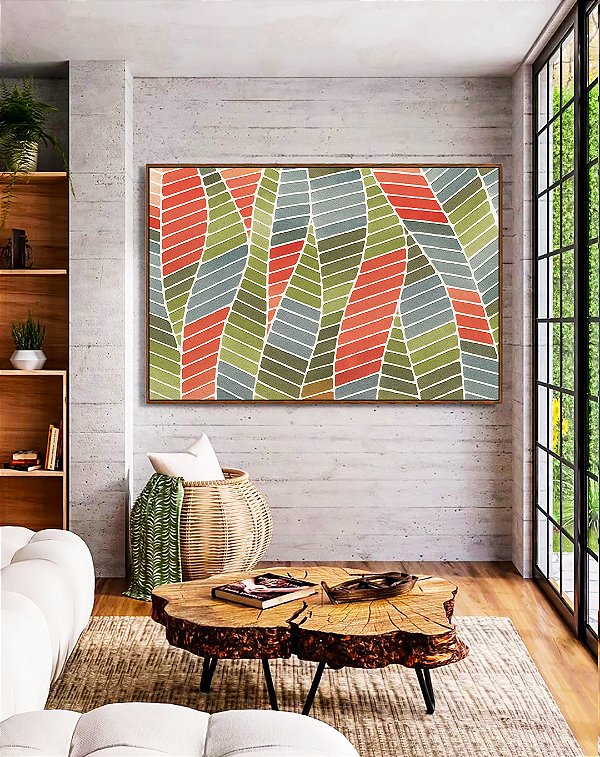 Quadro Horizontal Folhas Abstratas Verde Terracota Azul Canvas Moldura