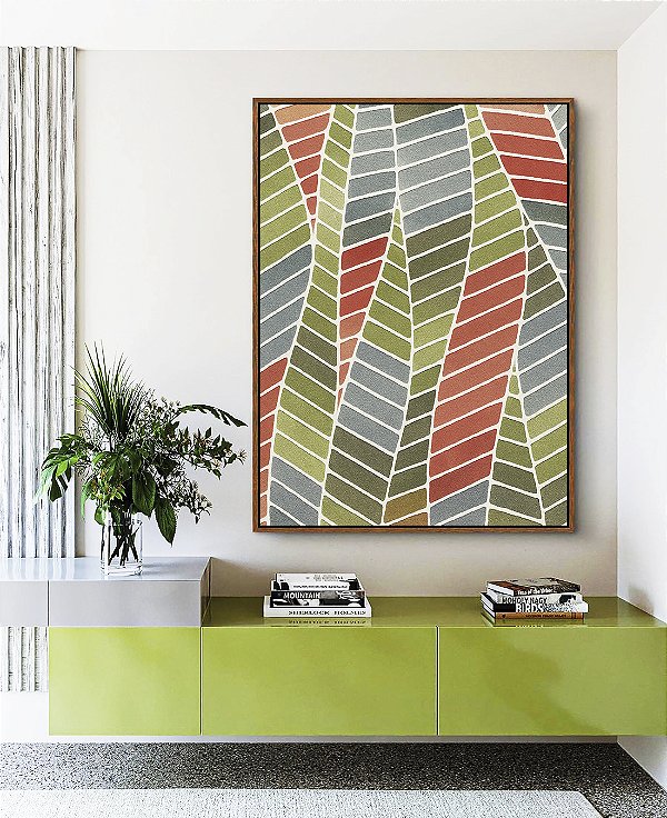 Quadro Vertical Folhas Abstratas Verde Terracota Azul Canvas Moldura