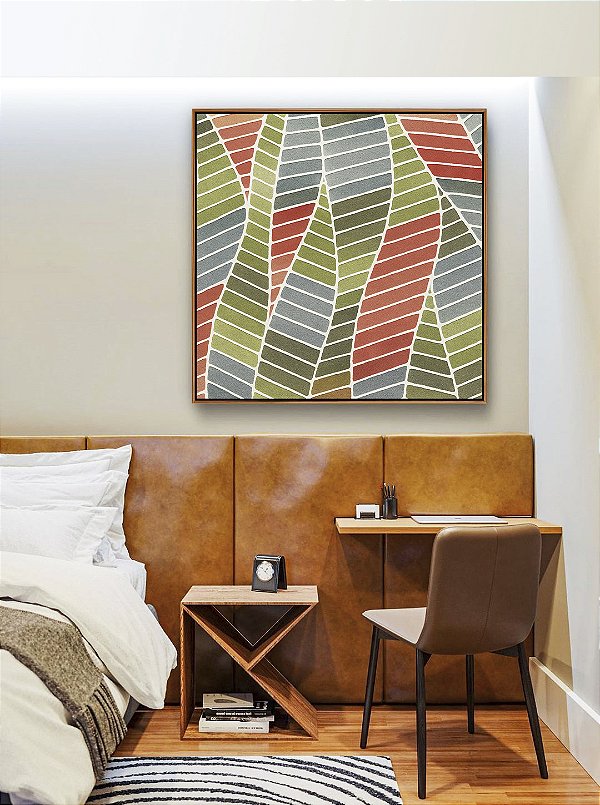 Quadro Quadrado Folhas Abstratas Verde Terracota Azul Canvas Moldura