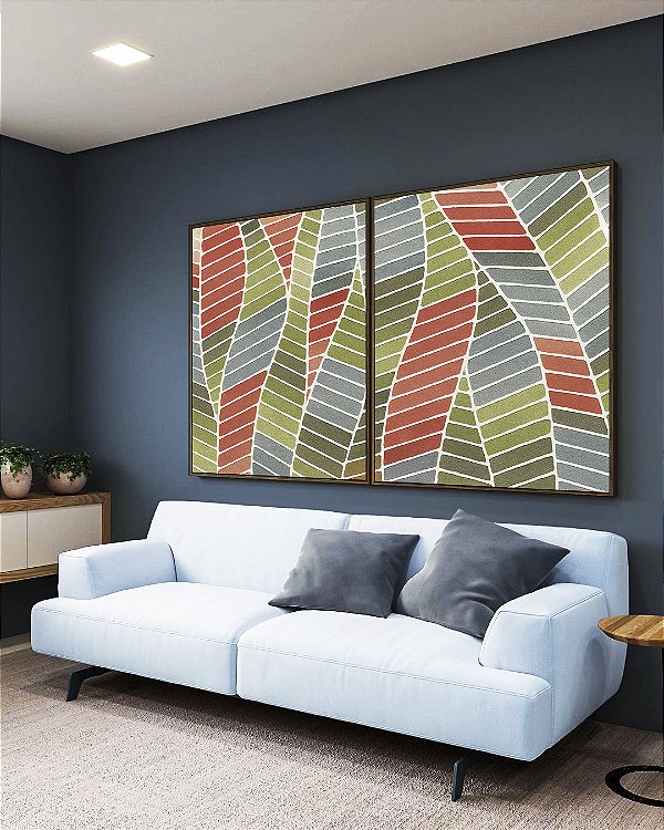 Duo de Quadros Folhas Abstratas Verde Terracota Azul Canvas Moldura
