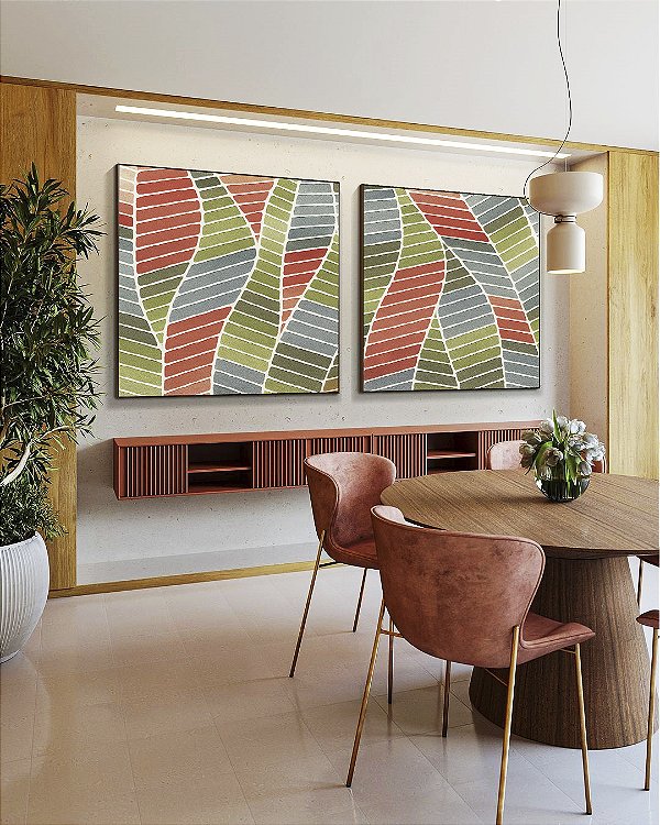 Duo de Quadros Quadrados Folhas Abstratas Verde Terracota Azul Canvas Moldura