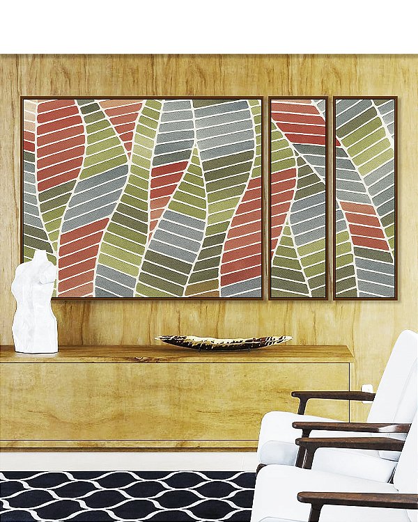 Trio de Quadros Estilizados Folhas Abstratas Verde Terracota Azul Canvas Moldura