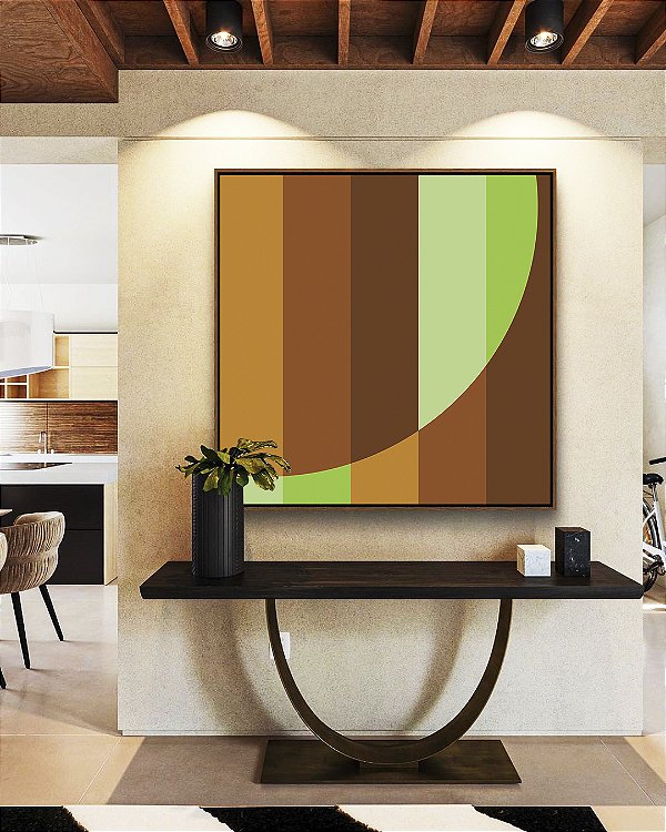 Quadro Quadrado Abstrato Listras Verde Bronze Marrom Geométrico Canvas Moldura