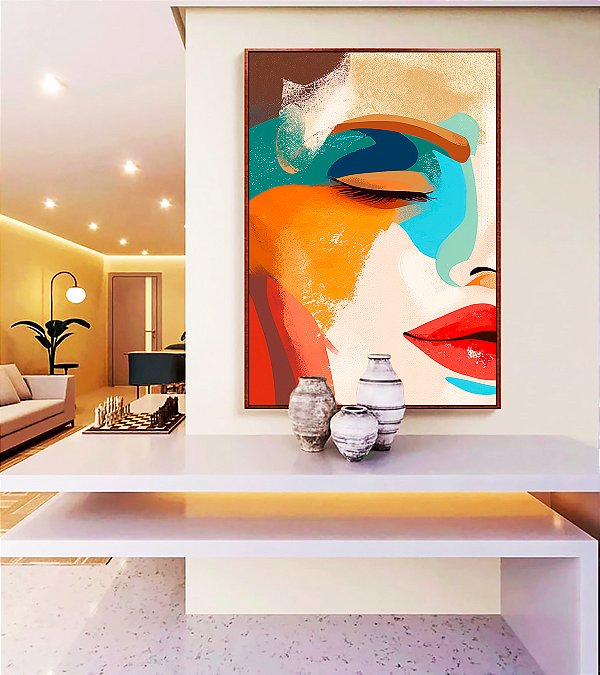 Quadro Vertical Rosto de Mulher Efeito Pintura Abstrata Cores Canvas Moldura
