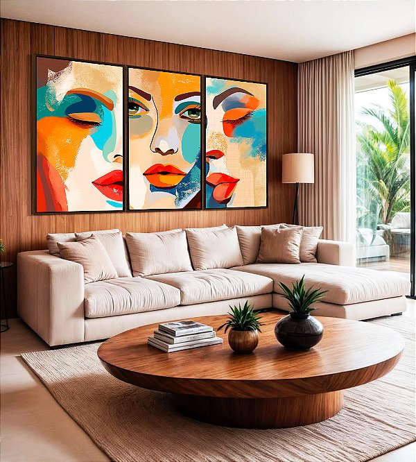 Trio de Quadros Rosto de Mulher Efeito Pintura Abstrata Cores Canvas Moldura