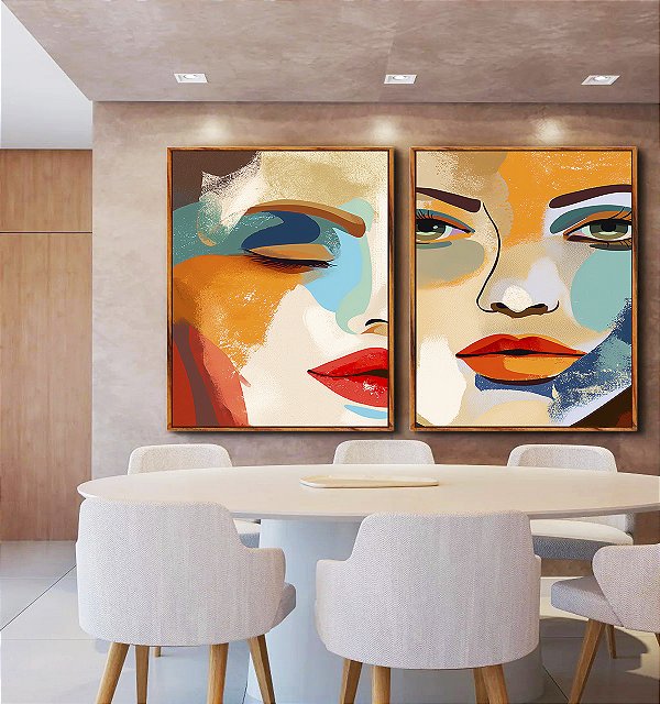 Duo de Quadros Rosto de Mulher Efeito Pintura Abstrata Cores Canvas Moldura