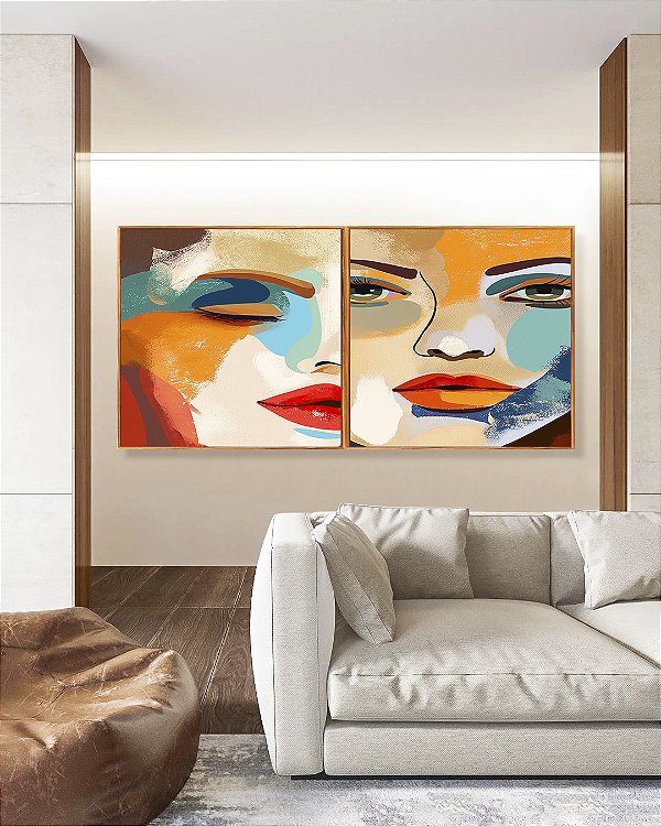 Duo de Quadros Quadrados Rosto de Mulher Efeito Pintura Abstrata Cores Canvas Moldura