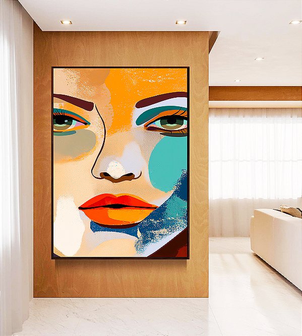 Quadro Vertical Rosto Feminino Abstrato Pintura Colorida Canvas Moldura