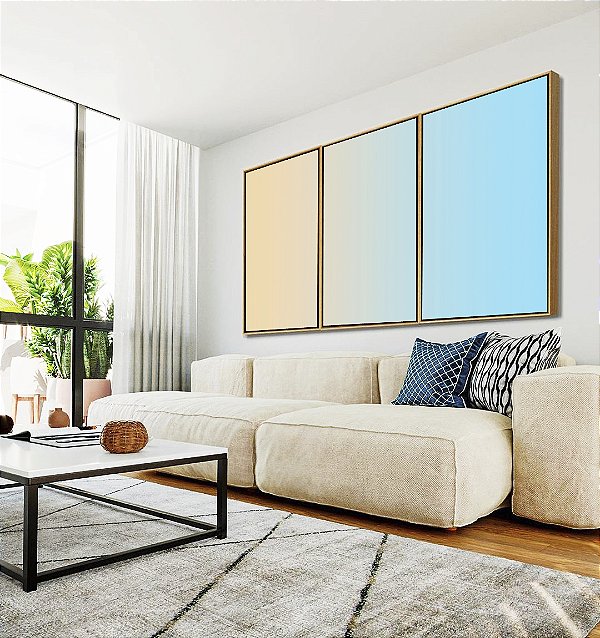 Trio de Quadros Abstrato Degradê Pêssego Azul Celeste Canvas Moldura