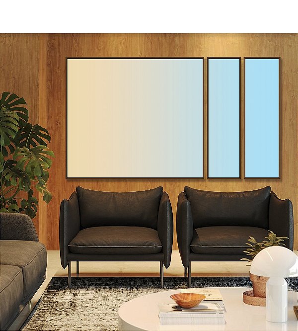 Trio de Quadros Estilizados Abstrato Degradê Pêssego Azul Celeste Canvas Moldura
