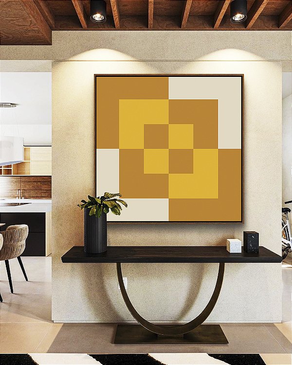 Quadro Quadrado Abstrato Geométrico Amarelo Ouro Areia Canvas Moldura