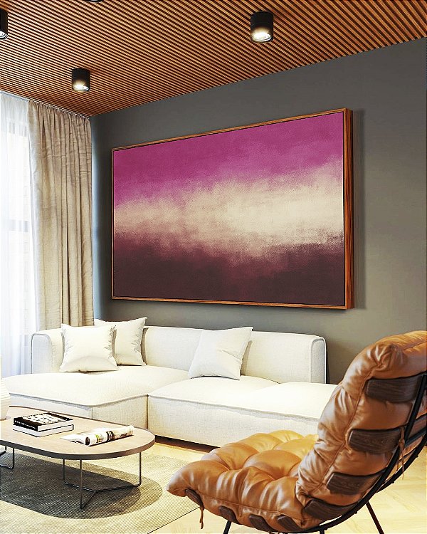 Quadro Horizontal Abstrato Rosa Bege Vinho Efeito Pintura Canvas Moldura