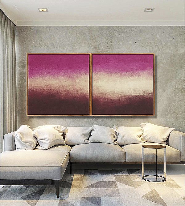 Duo de Quadros Quadrados Abstrato Rosa Bege Vinho Efeito Pintura Canvas Moldura