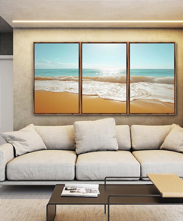 Trio de Quadros Mar Turquesa Sol Claro Vivo Praia Canvas Moldura
