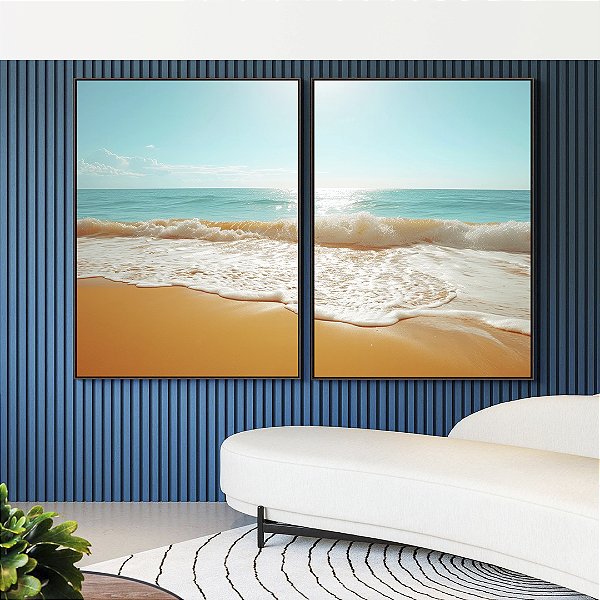 Duo de Quadros Mar Turquesa Sol Claro Vivo Praia Canvas Moldura