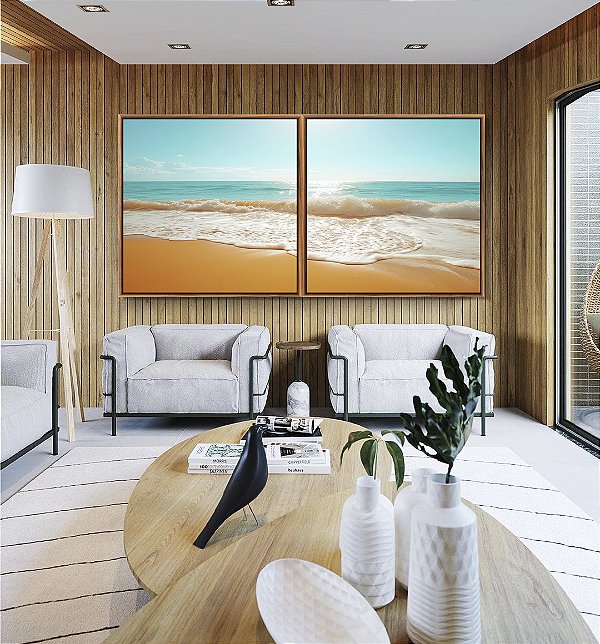 Duo de Quadros Quadrados Mar Turquesa Sol Claro Vivo Praia Canvas Moldura