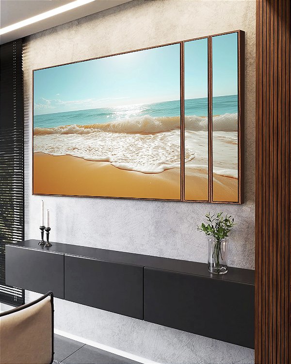 Trio de Quadros Estilizados Mar Turquesa Sol Claro Vivo Praia Canvas Moldura