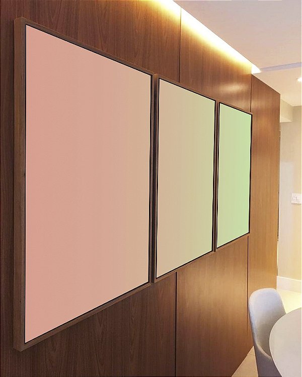 Trio de Quadros Abstrato Degradê Rosa Salmão Verde Menta Canvas Moldura