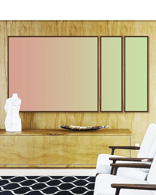 Trio de Quadros Estilizados Abstrato Degradê Rosa Salmão Verde Menta Canvas Moldura
