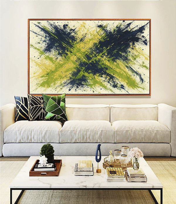 Quadro Horizontal Abstrato Azul Marinho Verde Limão Areia Canvas Moldura