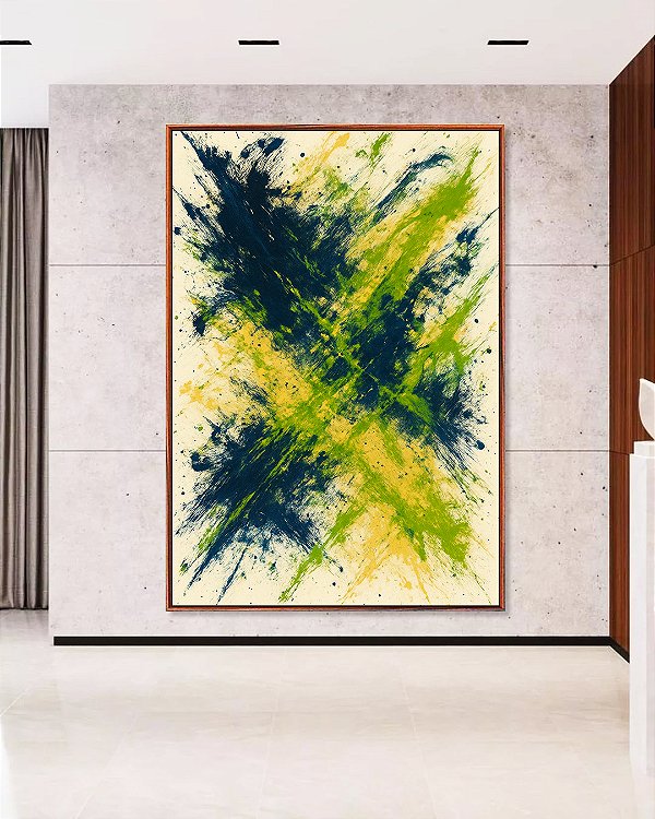 Quadro Vertical Abstrato Azul Marinho Verde Limão Areia Canvas Moldura