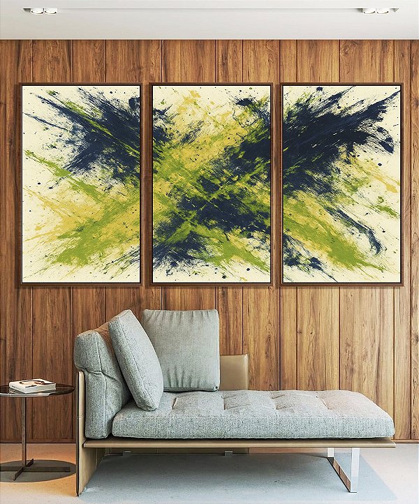 Trio de Quadros Abstrato Azul Marinho Verde Limão Areia Canvas Moldura