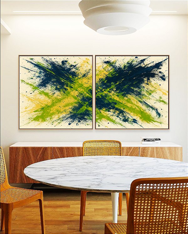 Duo de Quadros Quadrados Abstrato Azul Marinho Verde Limão Areia Canvas Moldura