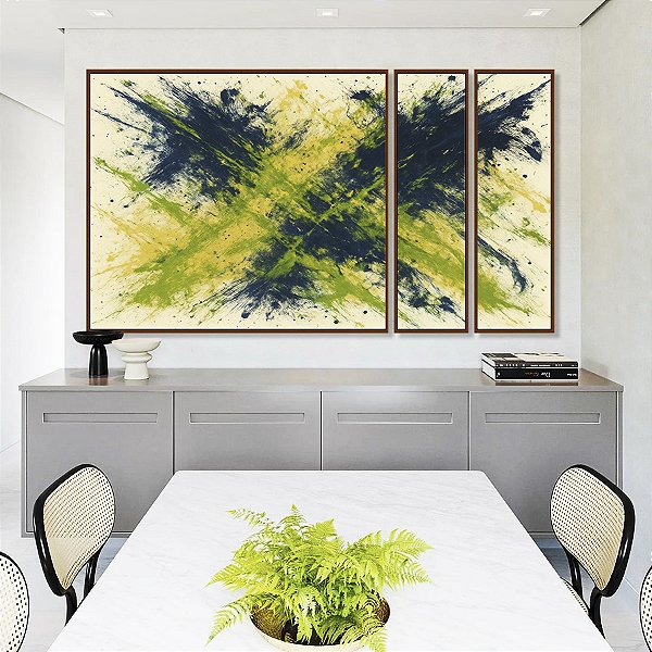 Trio de Quadros Estilizados Abstrato Azul Marinho Verde Limão Areia Canvas Moldura
