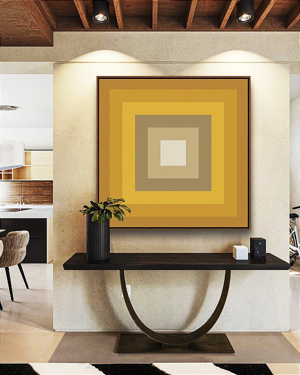 Quadro Quadrado Abstrato Geométrico Amarelo Ouro Areia Degradê Canvas Moldura
