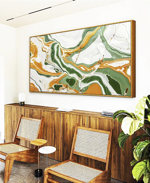 Quadro Horizontal Abstrato Verde Dourado Branco Mármore Canvas Moldura