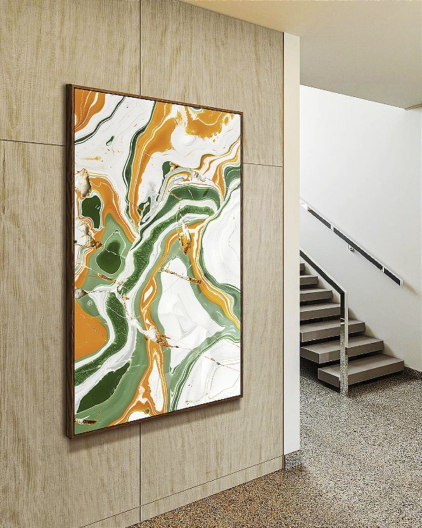 Quadro Vertical Abstrato Verde Dourado Branco Efeito Marmóre Canvas Moldura