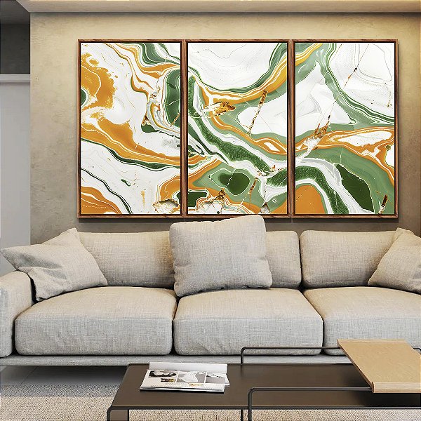 Trio de Quadros Abstrato Verde Dourado Branco Efeito Marmóre Canvas Moldura