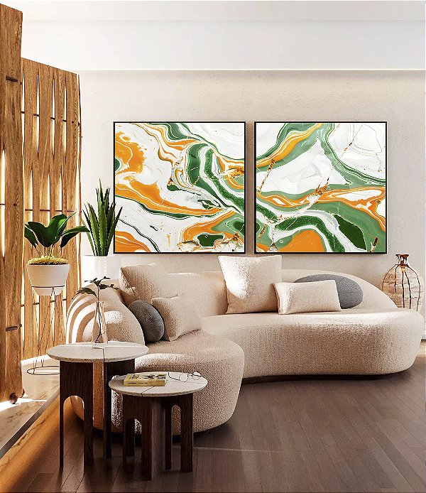 Duo de Quadros Quadrados Abstrato Verde Dourado Branco Efeito Marmóre Canvas Moldura