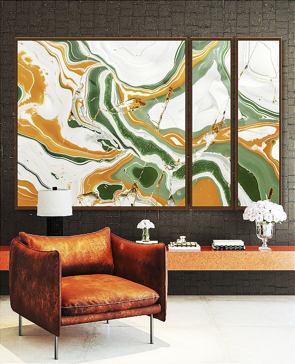 Trio de Quadros Estilizados Abstrato Verde Dourado Branco Efeito Marmóre Canvas Moldura