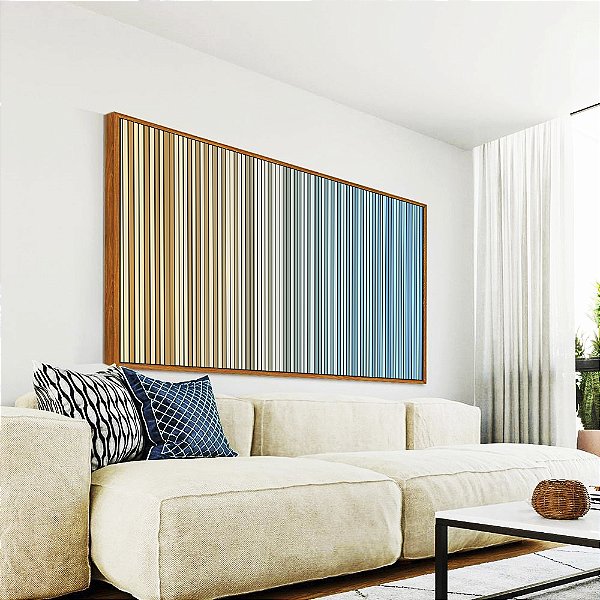 Quadro Horizontal Abstrato Degradê Listras Pêssego Azul Celeste Canvas Moldura