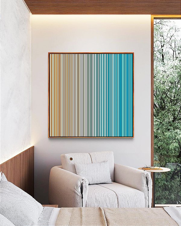 Quadro Quadrado Abstrato Degradê Listras Pêssego Azul Celeste Canvas Moldura