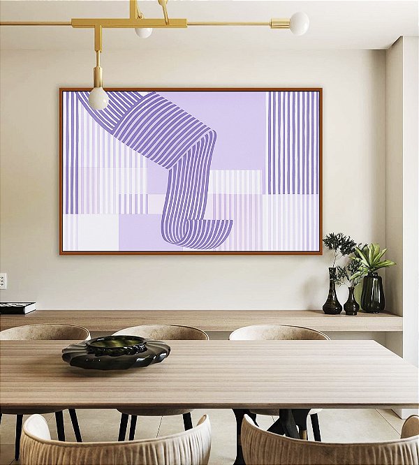 Quadro Horizontal Abstrato Listras Roxo Lavanda Geométrico Canvas Moldura